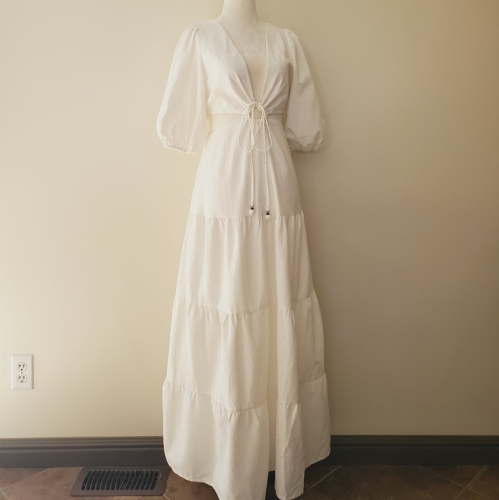 Farm Rio Linen Blend Cut Out Puff Sleeve Tiered Maxi Dress